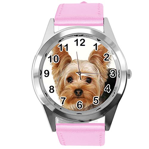 TAPORT® Armbanduhr Analog Quarz mit Echtlederband rosa rund für York-Terrier Fans von TAPORT