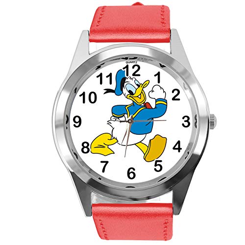 TAPORT® Armbanduhr Analog Quarz mit Echtlederband rot rund für Fan von Donald Duck von TAPORT