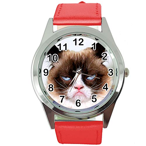 TAPORT® Armbanduhr Analog Quarz mit Echtlederband rot rund für Fan von Grumpy Cat von TAPORT