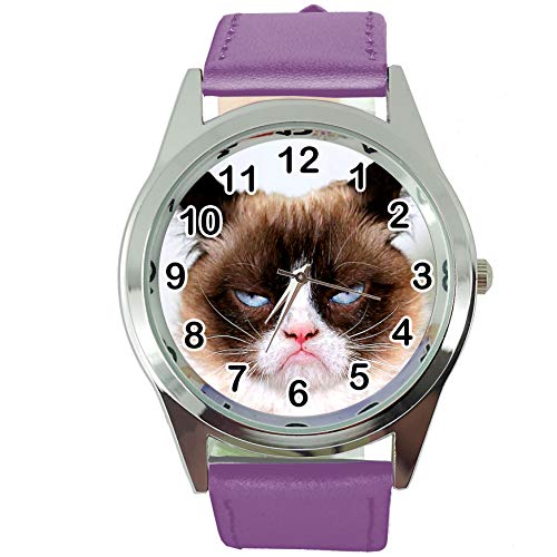 TAPORT® Armbanduhr Analog Quarz mit Echtlederband violett rund für Fan von Grumpy Cat von TAPORT