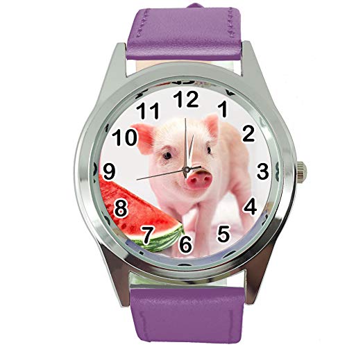 TAPORT® Armbanduhr Analog Quarz mit Echtlederband violett rund für Ferkel Babe Fans von TAPORT