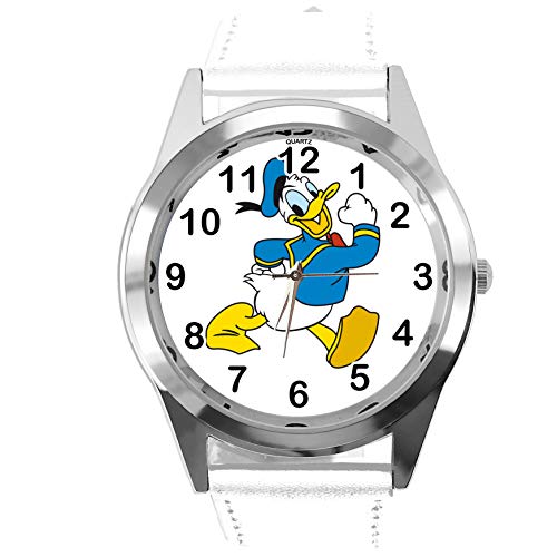 TAPORT® Armbanduhr Analog Quarz mit Echtlederband weiß rund für Fan von Donald Duck von TAPORT