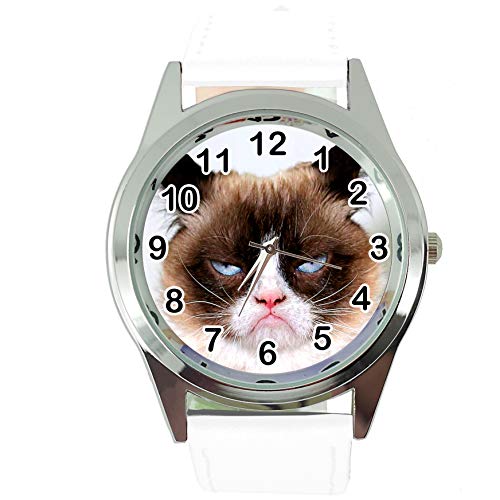 TAPORT® Armbanduhr Analog Quarz mit Echtlederband weiß rund für Fan von Grumpy Cat von TAPORT