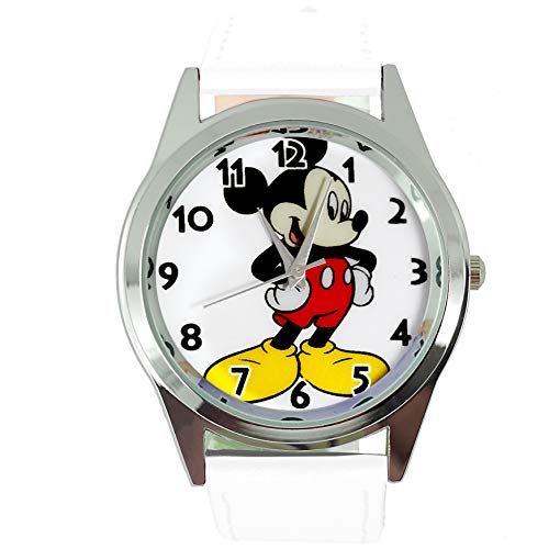 Taport® Micky Mouse Fan Uhr Analog Quarz mit Echtlederarmband Weiß Rund von TAPORT