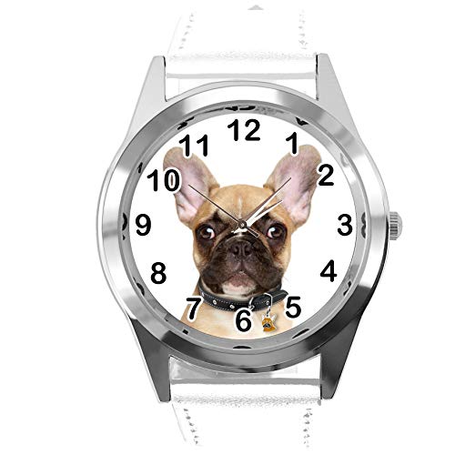 TAPORT® Armbanduhr Analog Quarz mit Echtlederband weiß rund für Französische Bulldogge Fans von TAPORT