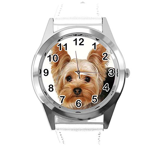 TAPORT® Armbanduhr Analog Quarz mit Echtlederband weiß rund für York Terrier Fans, weiß, Gurt von TAPORT