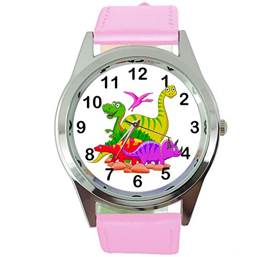 TAPORT® Armbanduhr für Dinosaurier-Fans, rund, Echtleder, Rosa von TAPORT