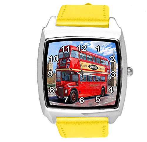 TAPORT® Armbanduhr für London-Bus-Fans mit quadratischem Zifferblatt, gelbes Leder von TAPORT