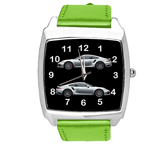 TAPORT® Grüne Leder Quarz quadratische Uhr für Sport Cars Fans E1, grün, Gurt von TAPORT
