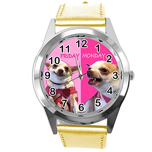 TAPORT® Gold Leder Quarz Runde Uhr Montag Freitag Fun Chihuahua von TAPORT