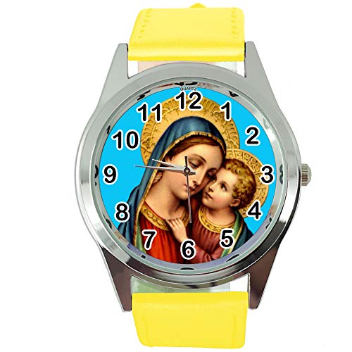 TAPORT® Heilige Maria Quarz-Armbanduhr, rund, gelbes Lederband von TAPORT