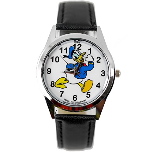 TAPORT® Kinder Uhr Analog Quarzwerk mit Leder armband Disney Donald Duck Schwarz Rund von TAPORT