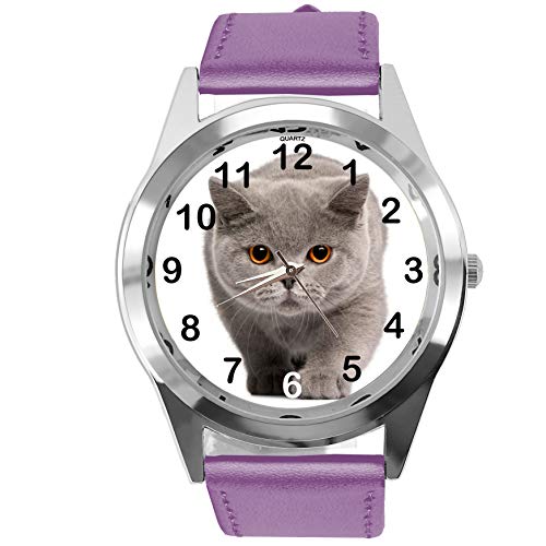 TAPORT® Lila Leder Runde Uhr für Britische Kurzhaar-CAT Fans von TAPORT