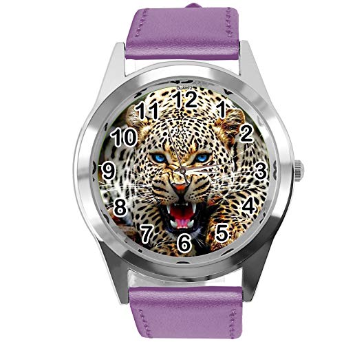 TAPORT® Lila Leder Runde Uhr für Leopard Fans von TAPORT