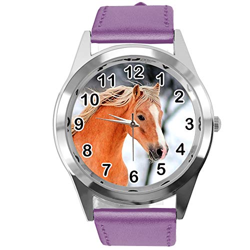 TAPORT® Lila Leder Runde Uhr für schöne Pferdefans, violett, Armband von TAPORT