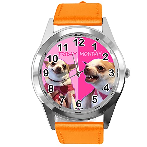 TAPORT® Orange Leder Quarz Runde Uhr Montag Freitag Fun Chihuahua von TAPORT