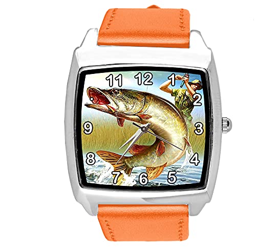 TAPORT® Orange Leder Quarz quadratische Uhr für Angelfans E3 von TAPORT