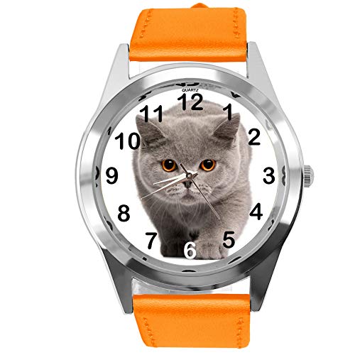 TAPORT® Orange Leder Runde Uhr für Britische Kurzhaar-CAT Fans von TAPORT