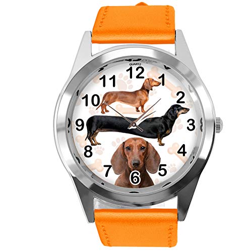 TAPORT® Orange Leder Runde Uhr für Dackel-Fans von TAPORT