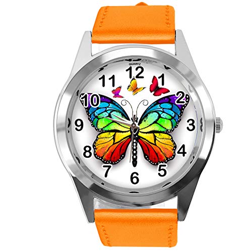 TAPORT® Orange Leder Runde Uhr für Schmetterlings-Fans E2 von TAPORT