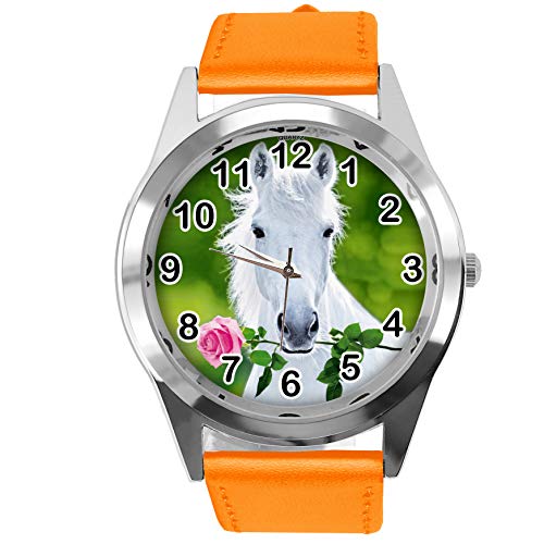 TAPORT® Orange Leder Runde Uhr für schöne Pferde Fans E3 von TAPORT