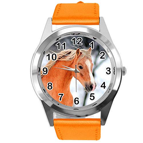 TAPORT® Orange Leder Runde Uhr für schöne Pferdefans, Orange, Armband von TAPORT
