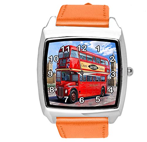 TAPORT® Orange Leder quadratisches Zifferblatt Uhr für London Bus Fans von TAPORT