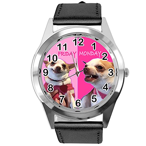 TAPORT® Quarz-Armbanduhr, Leder, rund, Motiv: Montag, Freitag, Chihuahua, Schwarz von TAPORT