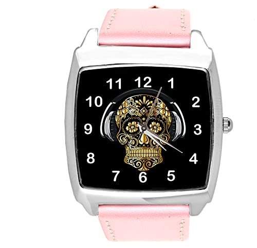 TAPORT® Quarz-Armbanduhr für Totenkopf-Fans, Leder, quadratisch, Pink von TAPORT