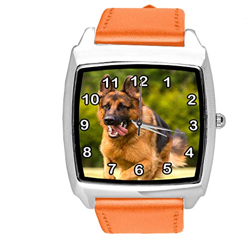 TAPORT® Quarzuhr orange Lederband Quadrat mit deutschem Schäferhund von TAPORT