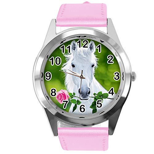 TAPORT® Rosa Leder Runde Uhr für schöne Pferde Fans E3 von TAPORT