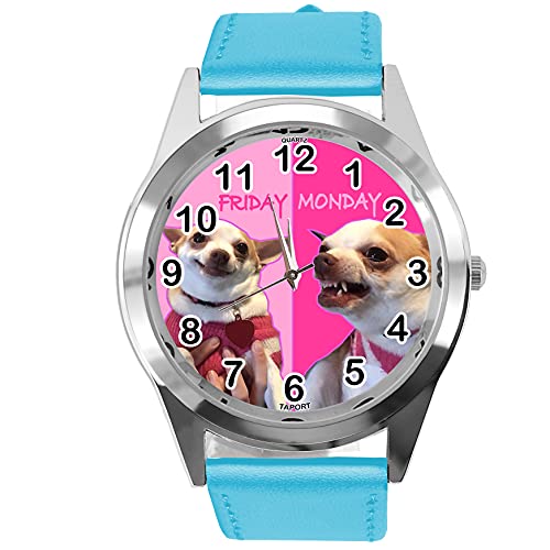 TAPORT® Runde Armbanduhr aus Leder, mit Quarzuhrwerk, Montag, Freitag, Chihuahua, Blau von TAPORT