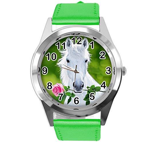 TAPORT® Runde Armbanduhr aus grünem Leder für schöne Pferde-Fans E3 von TAPORT