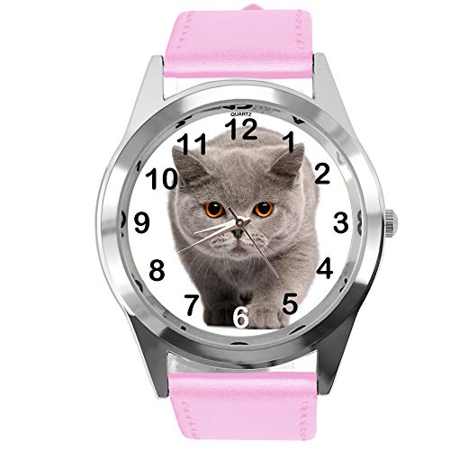 TAPORT® Rosa Leder Runde Uhr für British Shorthair CAT Fans, rose, Gurt von TAPORT