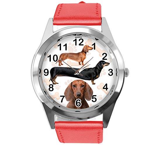 TAPORT® Rotes Leder Runde Uhr für Dackel Fans, rot, Gurt von TAPORT