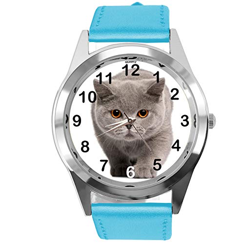 TAPORT Runde Uhr aus blauem Leder fur britische Kurzhaar-CAT-Fans. von TAPORT