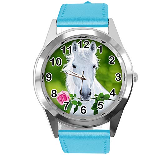 TAPORT® Blaue Leder Runde Uhr für schöne Pferde Fans E3, blau, Gurt von TAPORT