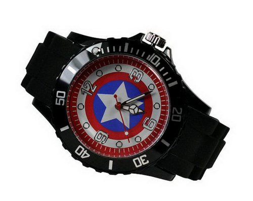 TAPORT® Unisex Uhr Analog Quarzwerk mit Silikon Armband Marvel Captain America Rund Schwarz von TAPORT