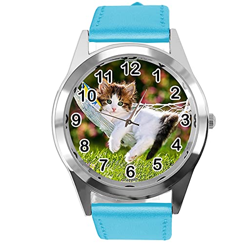TAPORT Blaue Leder-Quarzuhr fur Katzchen-Fans E2 von TAPORT