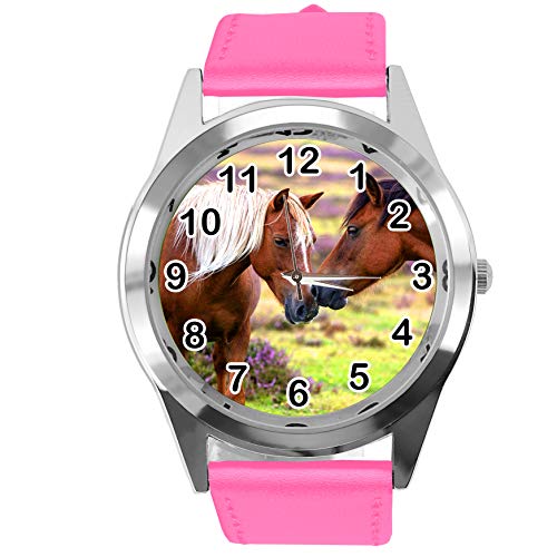 TAPORT Hot Pink Leder Runde Uhr für schöne Pferdefans E2, hot pink, Armband von TAPORT