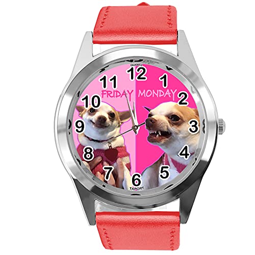 TAPORT Rote Lederquarz-Armbanduhr Montag Freitag Fun Chihuahua von TAPORT