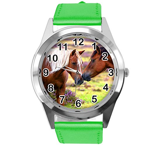 TAPORT Runde Armbanduhr aus grünem Leder für schöne Pferde-Fans E2 von TAPORT