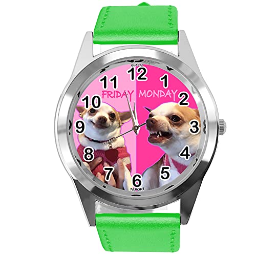 TAPORT Runde Armbanduhr aus grunem Leder, Motiv: Montag Freitag Spa, Chihuahua. von TAPORT