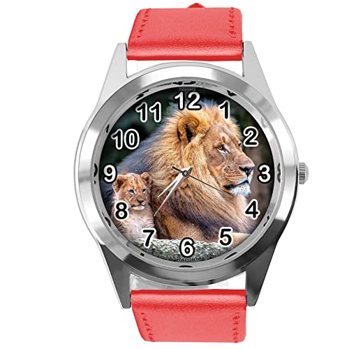 TAPORT Runde Armbanduhr aus rotem Leder für Löwen-Fans von TAPORT