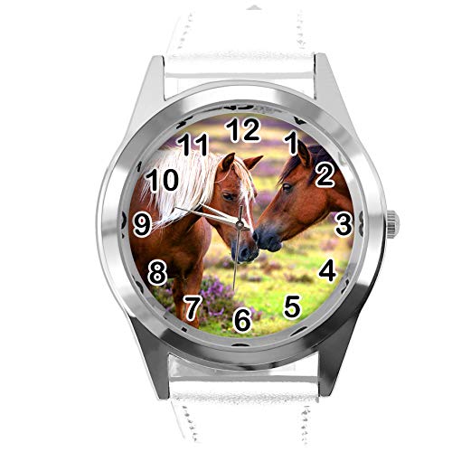 TAPORT Runde Armbanduhr aus weißem Leder für schöne Pferde-Fans E2 von TAPORT