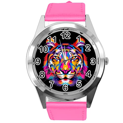 TAPORT Runde Armbanduhr für Tiger-Fans, Leder, Hot Pink, Hot Pink von TAPORT