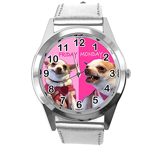 TAPORT Silberfarbene Leder-Quarz-Armbanduhr Montag Freitag Fun Chihuahua von TAPORT