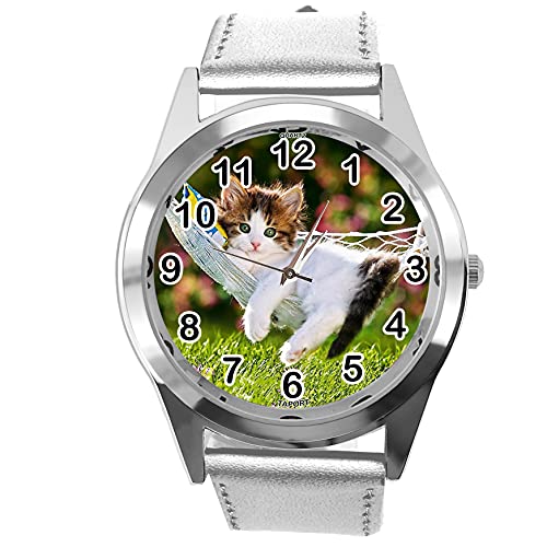 TAPORT Silberfarbene Leder-Quarzuhr fur Katzchen-Fans E2 von TAPORT