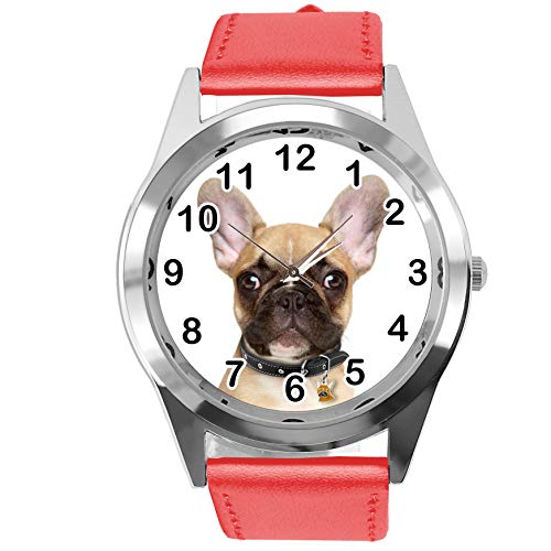 TAPORT® Armbanduhr Analog Quarz mit Echtlederband ROT rund für Französische Bulldogge Fans von TAPORT