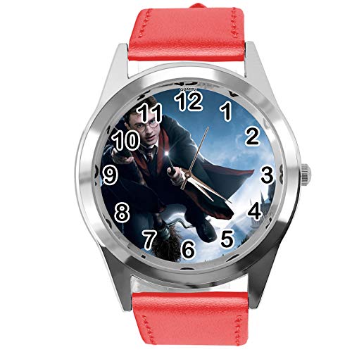 Taport® Armbanduhr Analog Quarz mit Echtlederband rot rund für Harry Potter Fans E1 von TAPORT